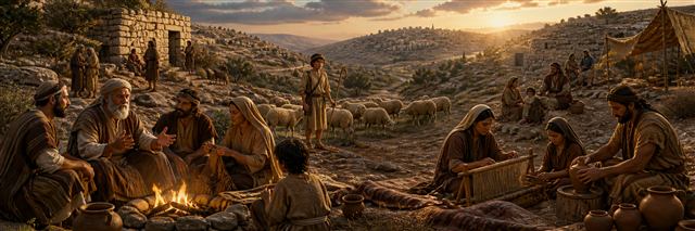 Judahite elders recounting family history while young David tends sheep near Bethlehem
